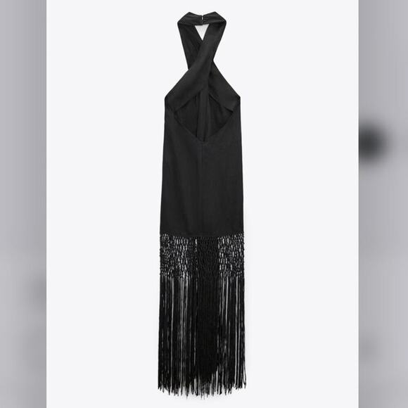 Zara Black LINEN DRESS WITH FRINGE Size Large - Picture 16 of 16